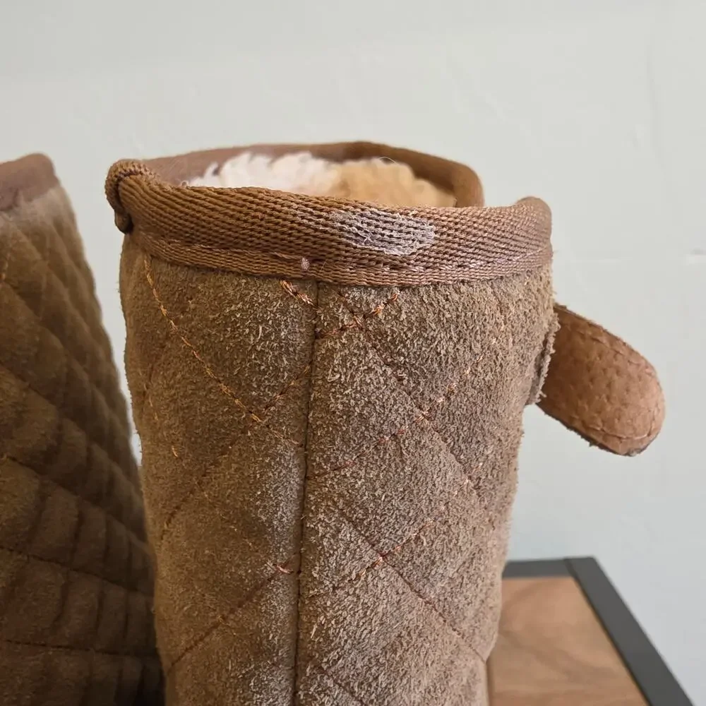 Bearpaw Quilted Suede Mid Calf Boots Women's 10 Brown Sheepskin Wool Lined